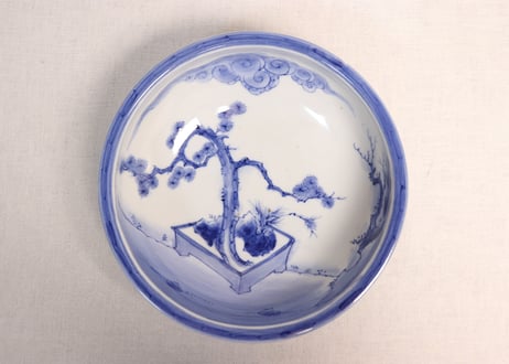 明治前期染付盆栽と山水図7寸鉢