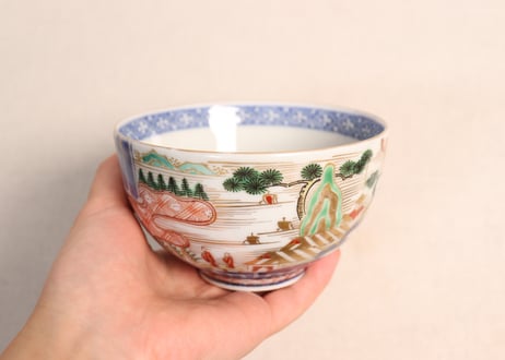 江戸中期色絵山水人物と帆掛け船図蓋茶碗