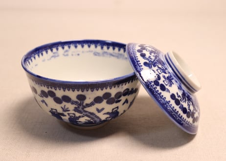 明治前期紙刷唐子図蓋茶碗