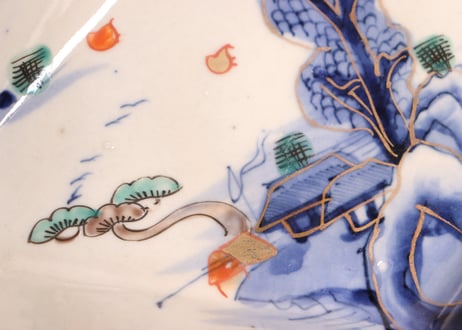 明治前期色絵山水図菱形皿①釉剥げ