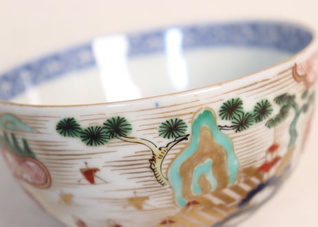 江戸中期色絵山水人物と帆掛け船図蓋茶碗