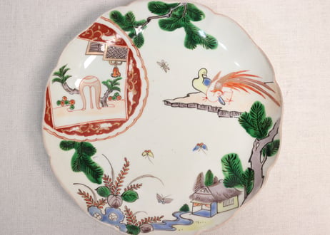 明治前期色絵松に家と鳥図7寸皿①