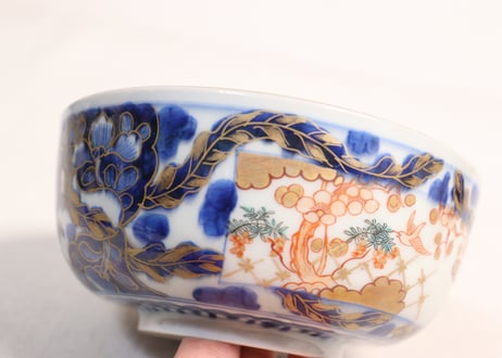 江戸後期色絵花と梅に鶯図大蓋茶碗　変色有り