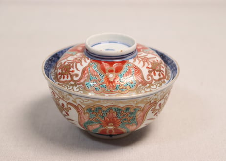 明治前期色絵団龍と牡丹図通り物飯茶碗①5客組