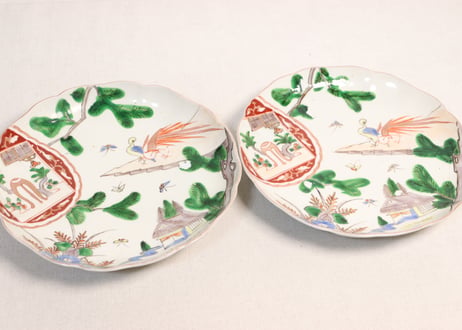 明治前期色絵松に家と鳥図7寸皿②釉剥げ
