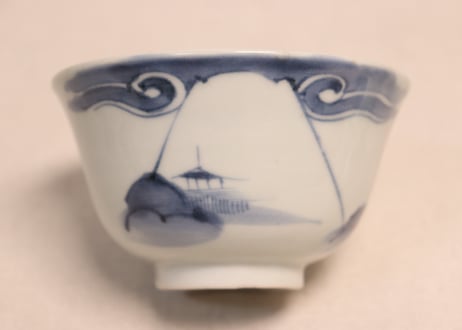 江戸幕末染付富士山水図蓋茶碗