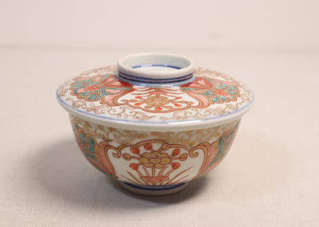 明治前期色絵団龍と牡丹図通り物蒸茶碗①5客組