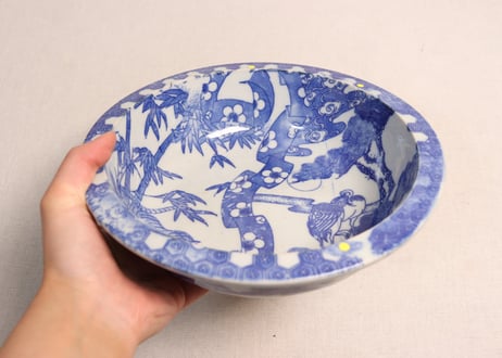 明治後期～大正銅判松鶴と竹虎図8寸鉢 ノミホツ,少甘手,ややかたつき