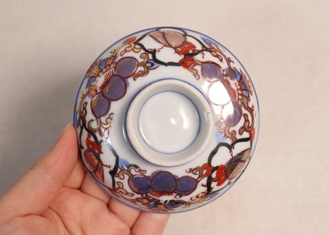 大正~昭和戦前銅印判色絵蝶と牡丹図通り物飯茶碗
