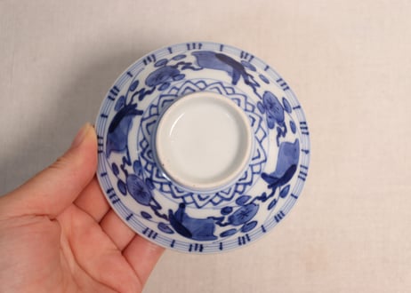 江戸幕末染付梅と鶯図蓋茶碗