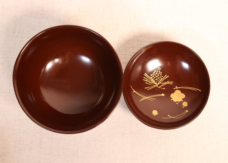 総茶蒔絵霊芝と松梅図箸洗い椀　5客組