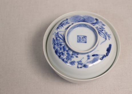 江戸幕末染付四君子図蓋茶碗