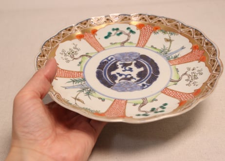 明治前期色絵松竹梅図7寸皿②小ホツ