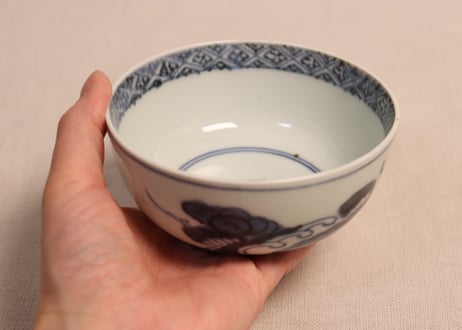 江戸中期染付流水に菊図蓋茶碗②フリモノ