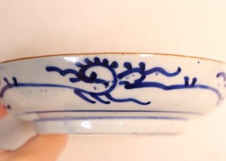 明治前期紙刷菊と牡丹と竹図５寸皿②かたつき