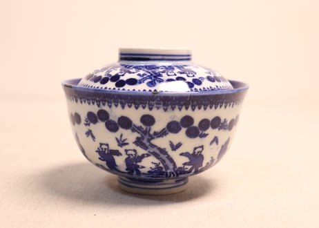 明治前期紙刷唐子図蓋茶碗