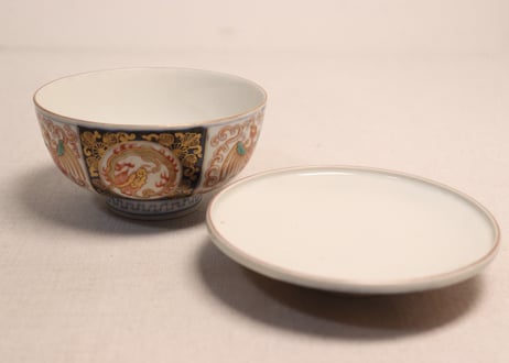 明治前期色絵龍と鳳凰図通り物蒸茶碗