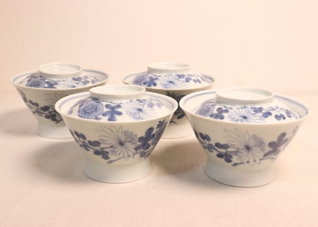 江戸後期染付菊と蝙蝠図広東型蓋茶碗