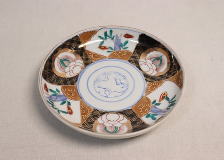 大正~昭和戦前ゴム判色絵牡丹と竹図通り物6寸皿