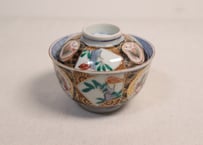 大正~昭和戦前ゴム判色絵牡丹と竹図通り物蓋茶碗