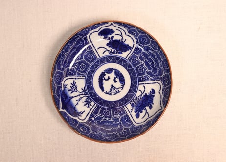 明治前期紙刷菊と牡丹と竹図５寸皿②かたつき