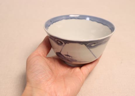江戸幕末染付富士山水図蓋茶碗