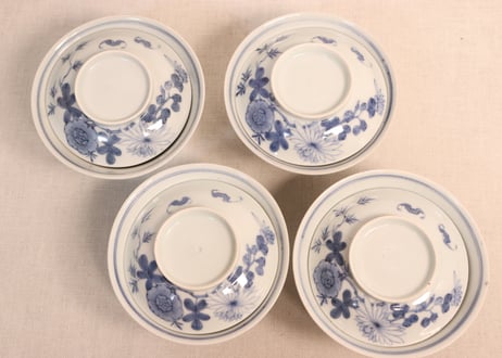 江戸後期染付菊と蝙蝠図広東型蓋茶碗