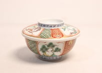 江戸幕末色絵松竹梅と幾何学文図通り物　蒸茶碗①