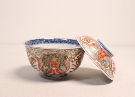 明治前期色絵団龍と牡丹図通り物飯茶碗①5客組