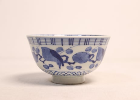 江戸幕末染付梅と鶯図蓋茶碗
