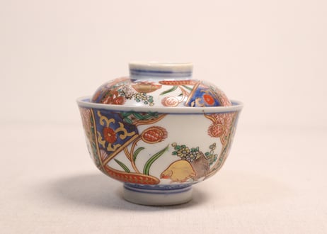 明治前期色絵鶉図蓋茶碗①