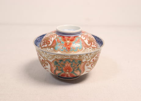 明治前期色絵団龍と牡丹図通り物飯茶碗①5客組