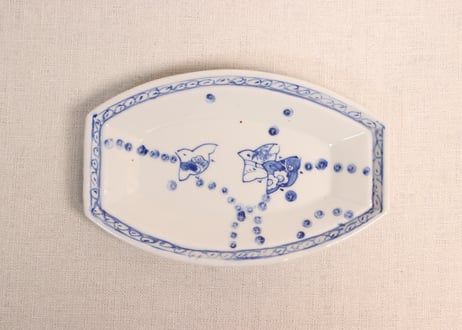 大正~昭和戦前染付千鳥に松竹梅図舟形皿