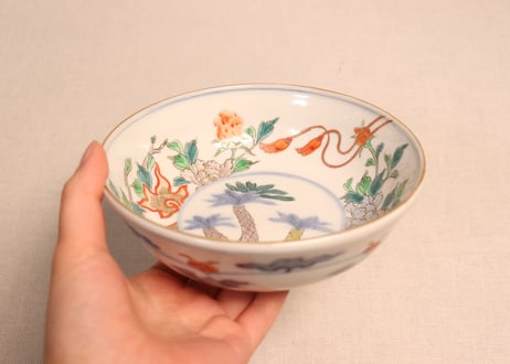 明治前期色絵蘇鉄と獅子牡丹図春寒鉢