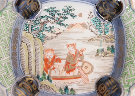 江戸幕末色絵漁師図四弁5寸深皿