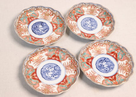 明治前期色絵団龍と牡丹図通り物小皿