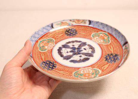 明治前期色絵青玉に青海波と花図6寸皿