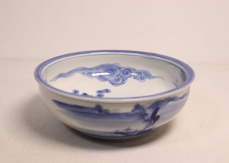 明治前期染付盆栽と山水図7寸鉢
