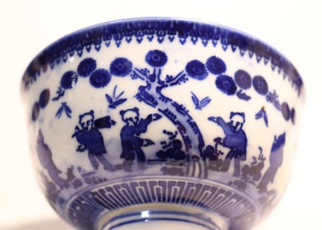 明治前期紙刷唐子図蓋茶碗