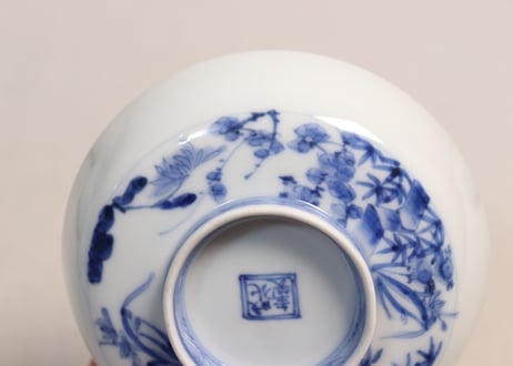 江戸幕末染付四君子図蓋茶碗