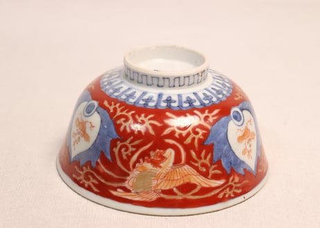 江戸幕末赤絵金彩鳳凰図蓋茶碗