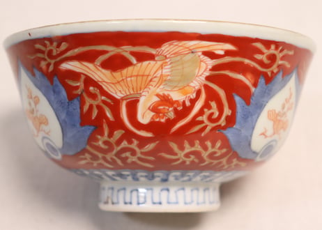 江戸幕末赤絵金彩鳳凰図蓋茶碗