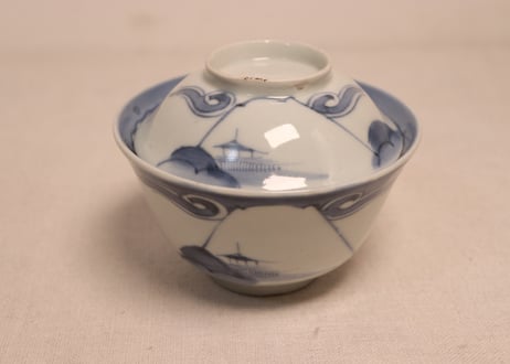 江戸幕末染付富士山水図蓋茶碗