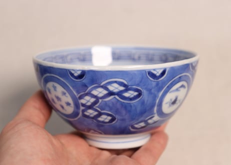 江戸幕末染付丸窓と七宝散らし図蓋茶碗