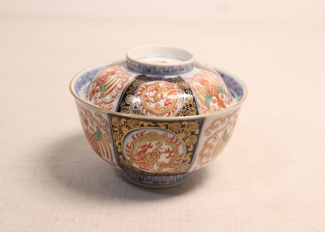 明治前期色絵龍と鳳凰図通り物蓋茶碗