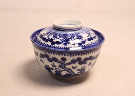 明治前期紙刷唐子図蓋茶碗