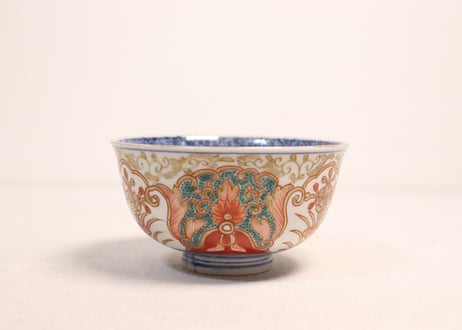 明治前期色絵団龍と牡丹図通り物飯茶碗①5客組