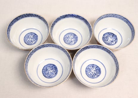 明治前期色絵団龍と牡丹図通り物飯茶碗①5客組