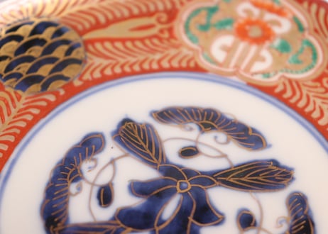 明治前期色絵青玉に青海波と花図6寸皿