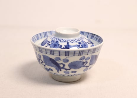 江戸幕末染付梅と鶯図蓋茶碗